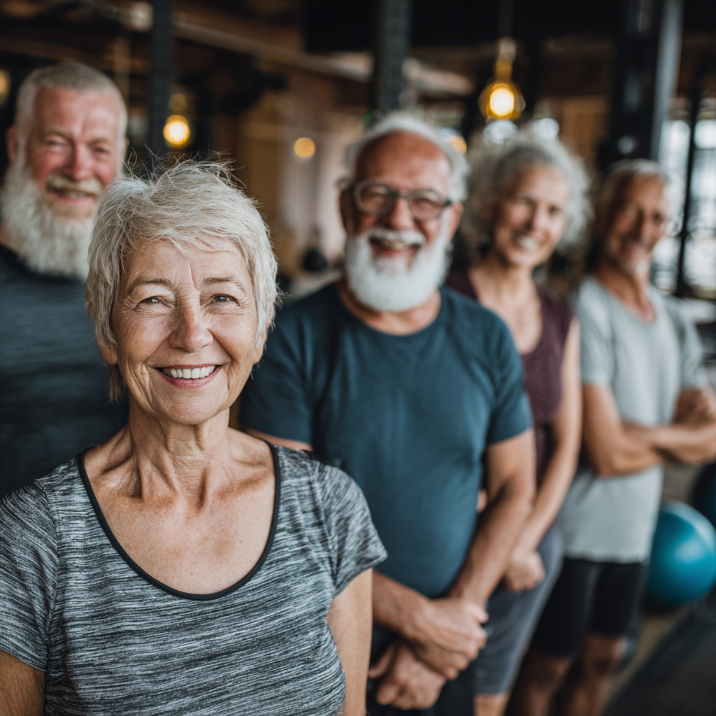 Group of mature adults supporting each other during fitness activities in welcoming environment