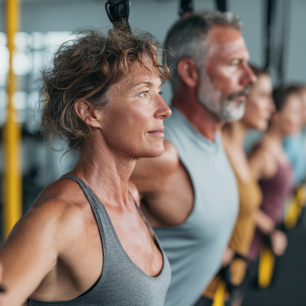 Middle-aged adults enjoying functional training exercises in bright fitness studio